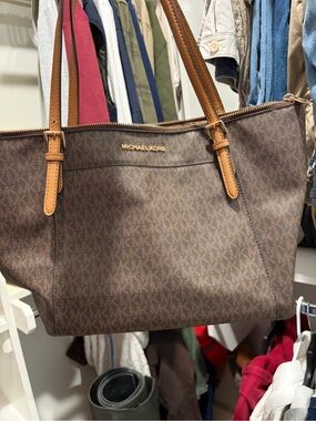 Michael Kors Brown MK Logo Tote with Tan Straps